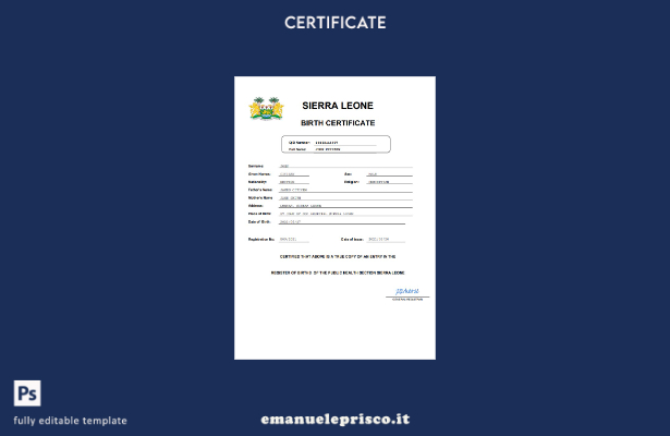 certificato di nascita della Sierra Leone in stile verificato modello Word e PDF